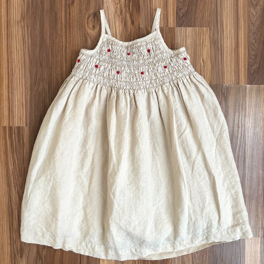 Janie & Jack Linen Smocked Bib Rosettes Tie Back Dress Girl's 5